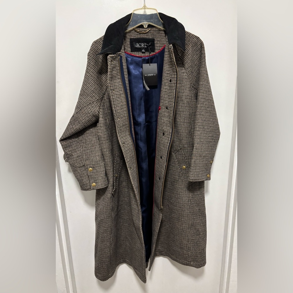 J. Crew Men's Brown Houndstooth Trench Coat with Navy Lining